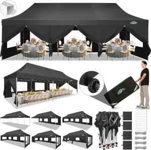 COBIZI 10x30 Pop Up Canopy Tent with 8 Removable Sidewalls, Easy Setup Canopy with Roller Bag & Sandbags，Waterproof and UPF50  Gazebo Tent, Outdoor Gazebo for BBQ Party Wedding Events Tent, Black