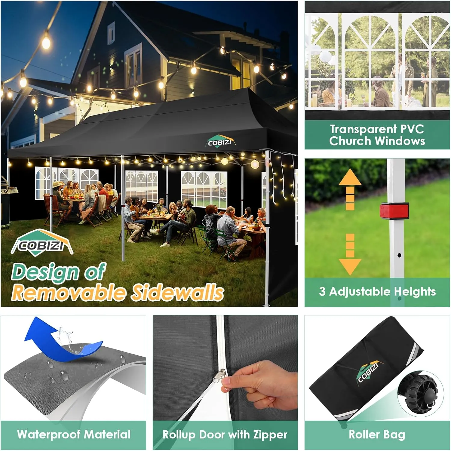 COBIZI 10x30 Pop Up Canopy Tent with 8 Removable Sidewalls, Easy Setup Canopy with Roller Bag & Sandbags，Waterproof and UPF50  Gazebo Tent, Outdoor Gazebo for BBQ Party Wedding Events Tent, Black