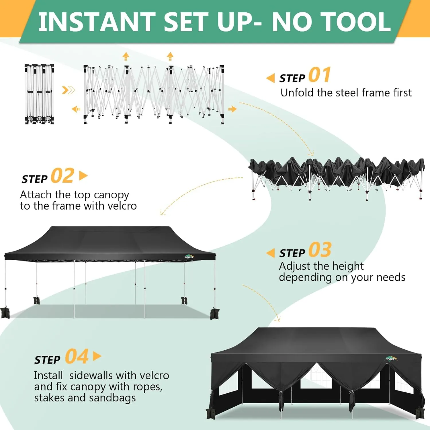 COBIZI 10x30 Pop Up Canopy Tent with 8 Removable Sidewalls, Easy Setup Canopy with Roller Bag & Sandbags，Waterproof and UPF50  Gazebo Tent, Outdoor Gazebo for BBQ Party Wedding Events Tent, Black
