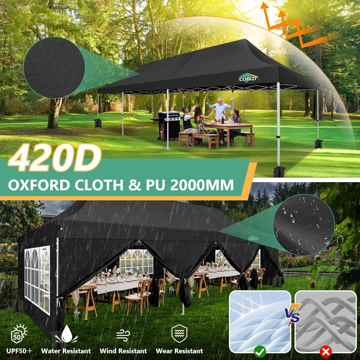 COBIZI 10x30 Pop Up Canopy Tent with 8 Removable Sidewalls, Easy Setup Canopy with Roller Bag & Sandbags，Waterproof and UPF50  Gazebo Tent, Outdoor Gazebo for BBQ Party Wedding Events Tent, Black