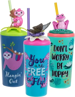 COOL GEAR Fun Model Threaded Character Lid Tumblers Toppers with straw included, 18 Ounce - Butterfly/Sloth/Frog