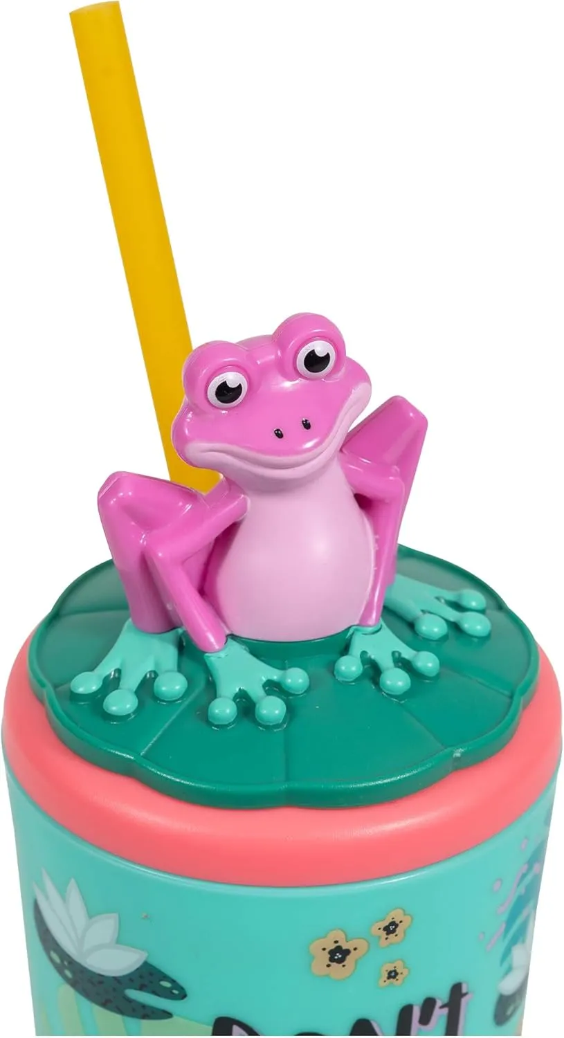 COOL GEAR Fun Model Threaded Character Lid Tumblers Toppers with straw included, 18 Ounce - Butterfly/Sloth/Frog