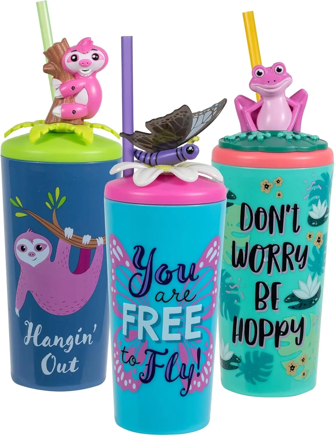 COOL GEAR Fun Model Threaded Character Lid Tumblers Toppers with straw included, 18 Ounce - Butterfly/Sloth/Frog