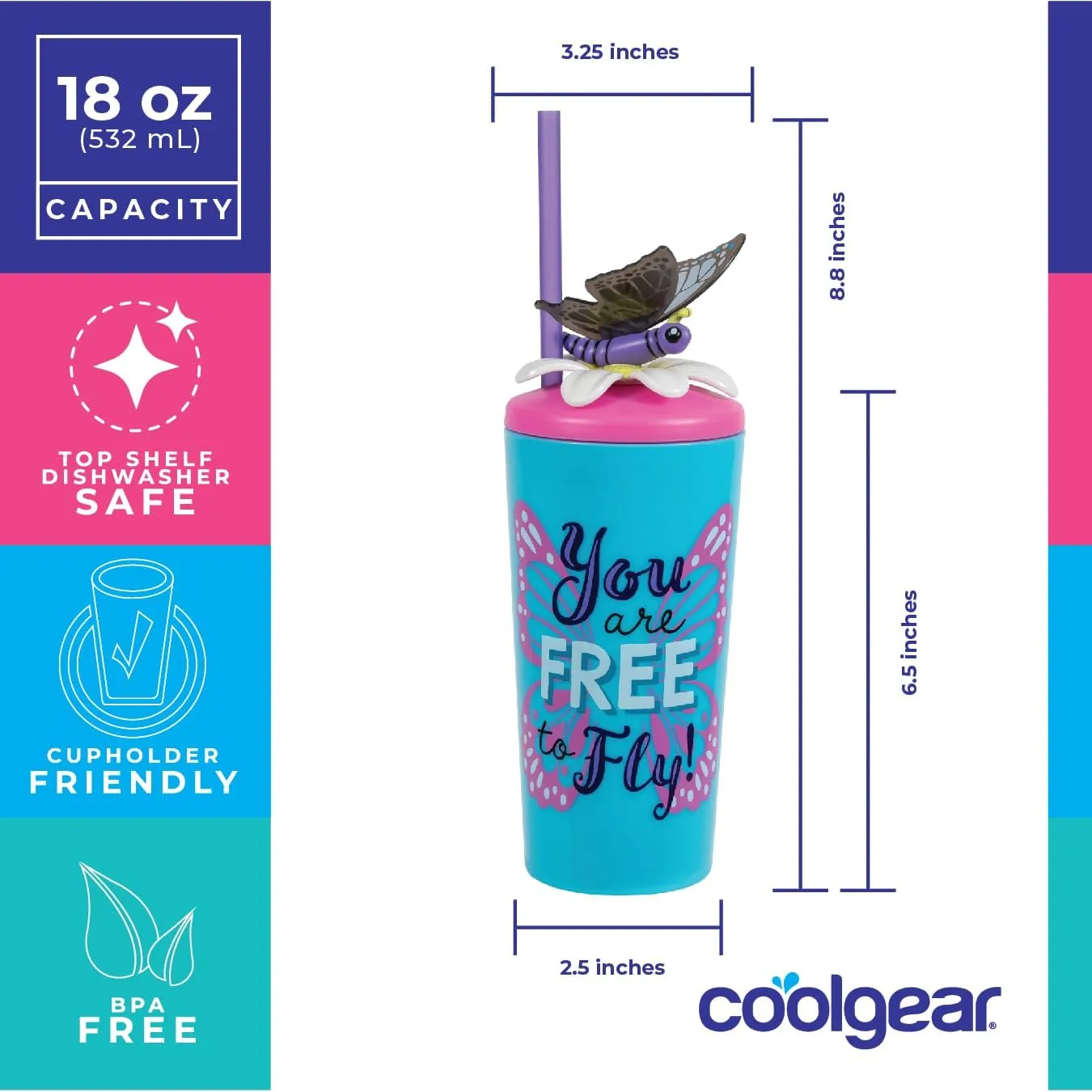 COOL GEAR Fun Model Threaded Character Lid Tumblers Toppers with straw included, 18 Ounce - Butterfly/Sloth/Frog