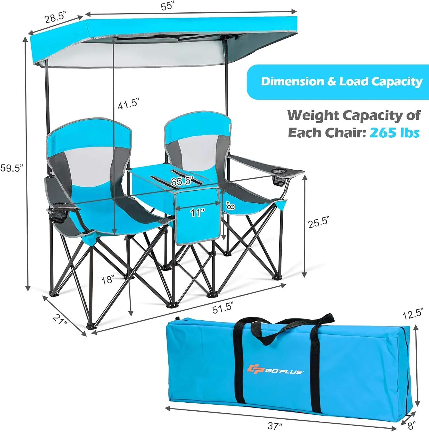 COSTWAY Double Camping Chair, Portable Camping Chair with Canopy, Cup Holder, Iced Bag, Storage Bag, Carrying Bag, Folding Loveseat Camping Chair for Adults, Outdoors Sport, Blue