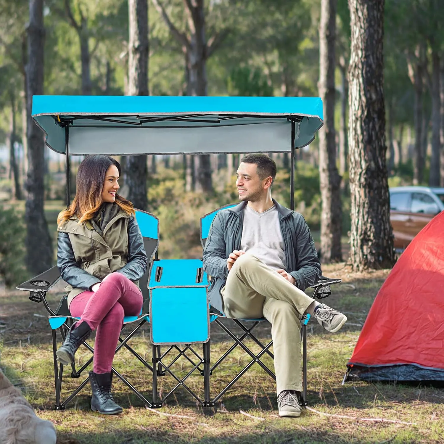 COSTWAY Double Camping Chair, Portable Camping Chair with Canopy, Cup Holder, Iced Bag, Storage Bag, Carrying Bag, Folding Loveseat Camping Chair for Adults, Outdoors Sport, Blue