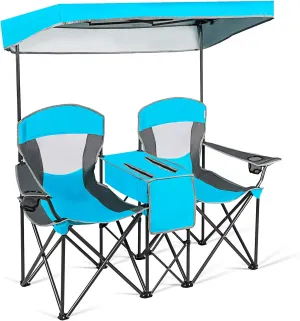 COSTWAY Double Camping Chair, Portable Camping Chair with Canopy, Cup Holder, Iced Bag, Storage Bag, Carrying Bag, Folding Loveseat Camping Chair for Adults, Outdoors Sport, Blue