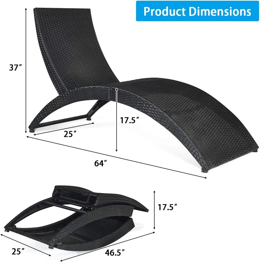COSTWAY Folding Rattan Lounge Chair Outdoor, Patio Wicker Chaise Lounge with Soft Cushion, Ergonomic Support Shaped for Sunbathing, Beach, Backyard (Turquoise)
