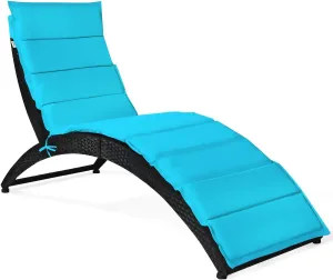 COSTWAY Folding Rattan Lounge Chair Outdoor, Patio Wicker Chaise Lounge with Soft Cushion, Ergonomic Support Shaped for Sunbathing, Beach, Backyard (Turquoise)