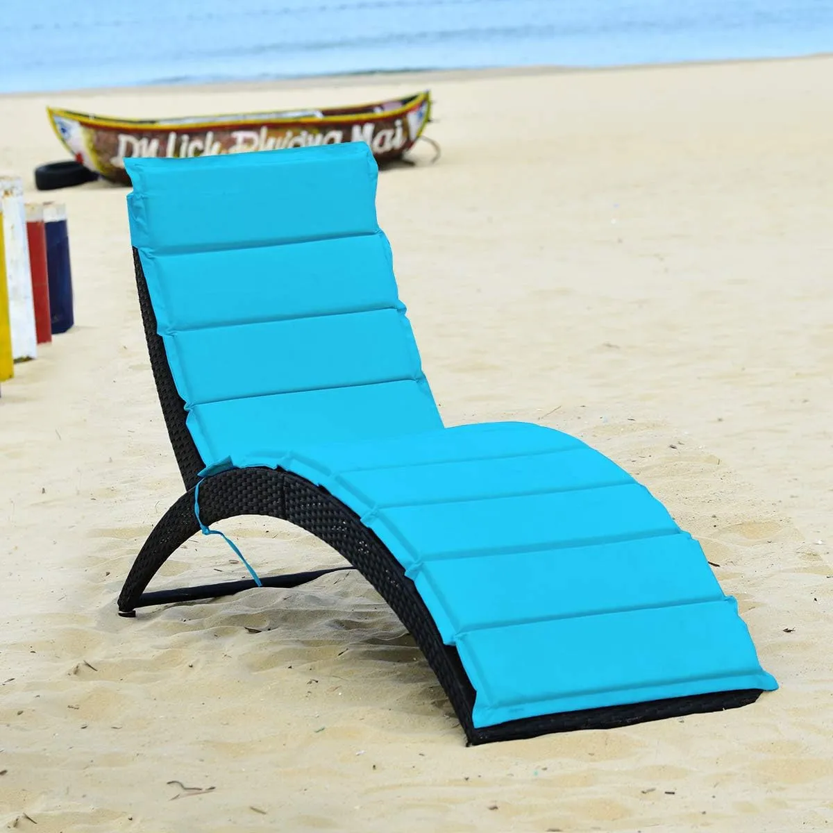 COSTWAY Folding Rattan Lounge Chair Outdoor, Patio Wicker Chaise Lounge with Soft Cushion, Ergonomic Support Shaped for Sunbathing, Beach, Backyard (Turquoise)