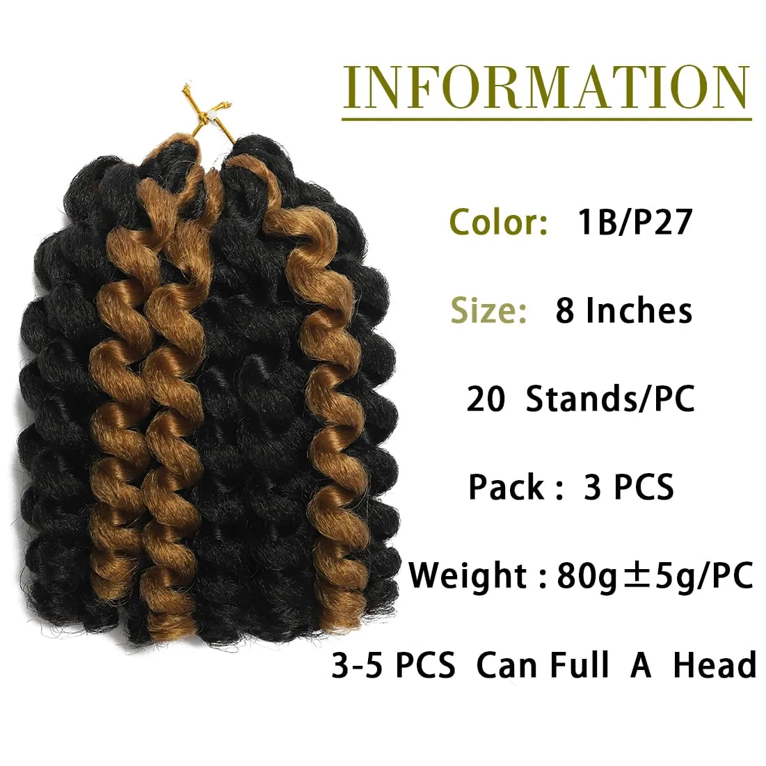 Crochet Braids Hair 8 Inch 3 Pack Jamaican Bounce Wand Curl Crochet Hair Synthetic Braiding Hair Extension Twist Crochet Hair (3PCS,1BP27)