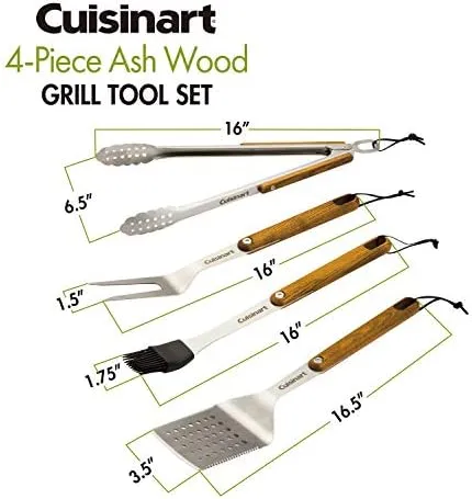 Cuisinart CGS-1100 (Spatula, Locking Tongs, Fork, Basting Brush) 4-Piece Grill Tool Set, Ash Wood Handle