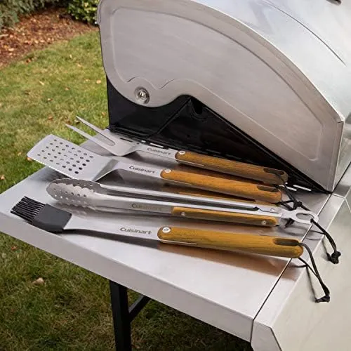 Cuisinart CGS-1100 (Spatula, Locking Tongs, Fork, Basting Brush) 4-Piece Grill Tool Set, Ash Wood Handle