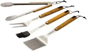 Cuisinart CGS-1100 (Spatula, Locking Tongs, Fork, Basting Brush) 4-Piece Grill Tool Set, Ash Wood Handle