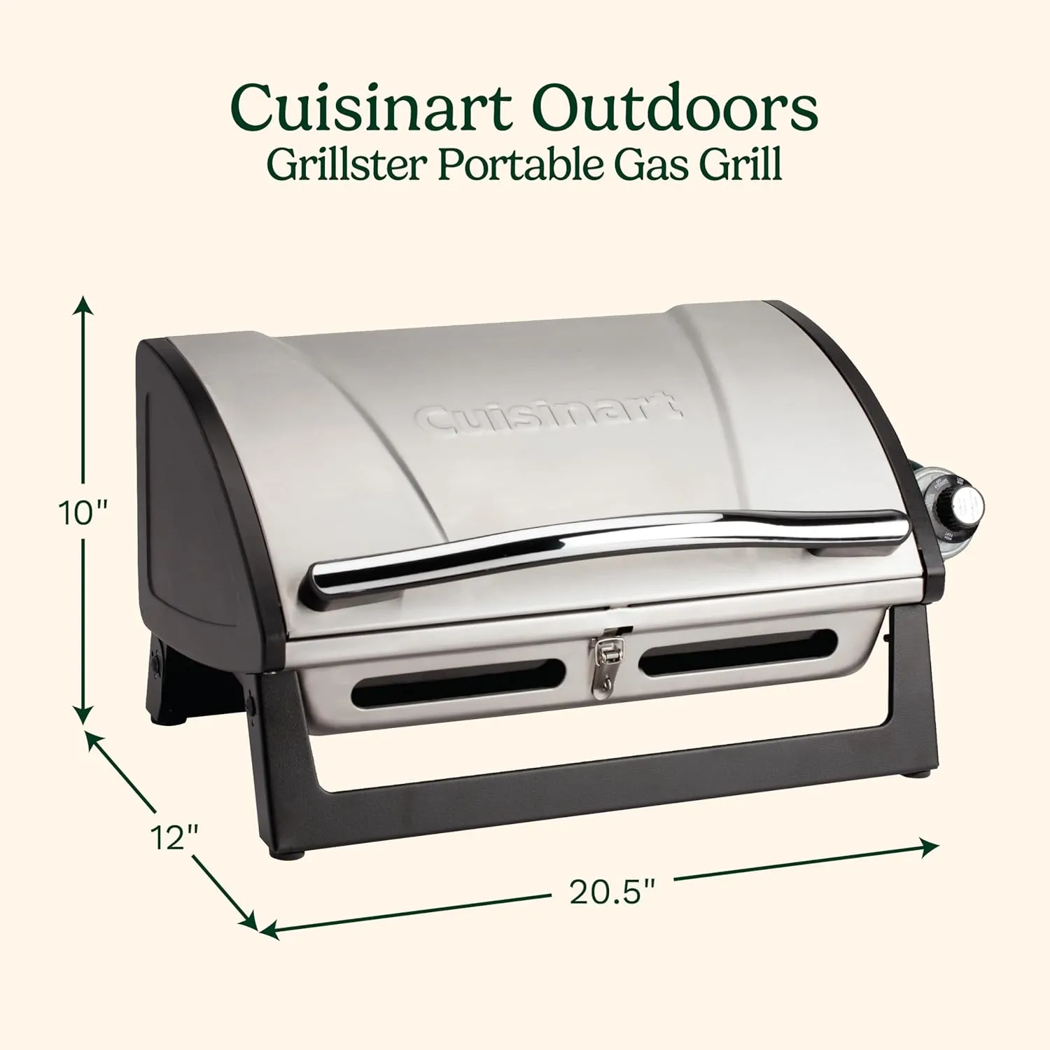 Cuisinart Grillster Portable Gas Grill, Stainless Steel Compact BBQ Grill with Locking Lid for Easy Transport, 8000 BTU Propane Grill with Dishwasher Safe Cooking Grate, Small Grill for Camping & BBQ