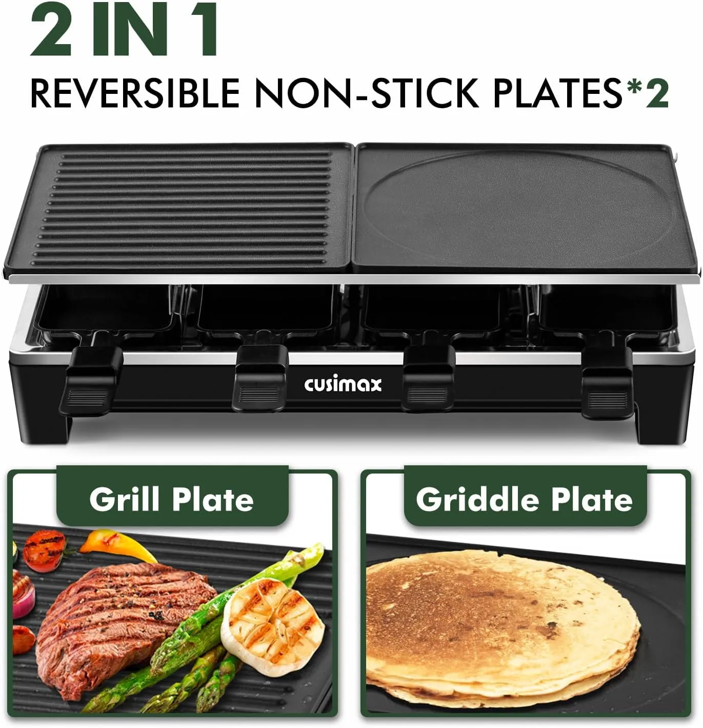 CUSIMAX Raclette Grill, Electric Grill, Reversible 2 in 1 Non-stick Grill & Griddle Plates, Portable Korean Grill with 8 Paddles & Shovels, Black New Model
