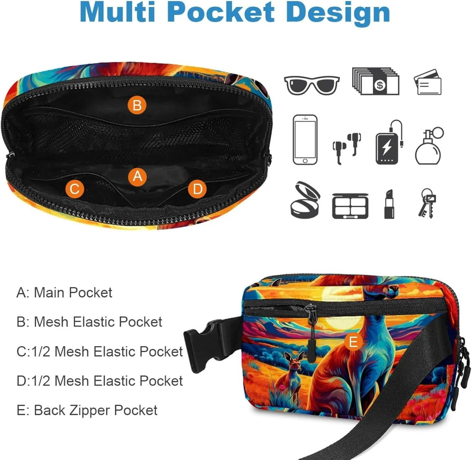 Cute Kangaroo-1591 Crossbody Fanny Pack for Men&Women,Belt Bag for Travel Casual Walking Running Hiking Cycling