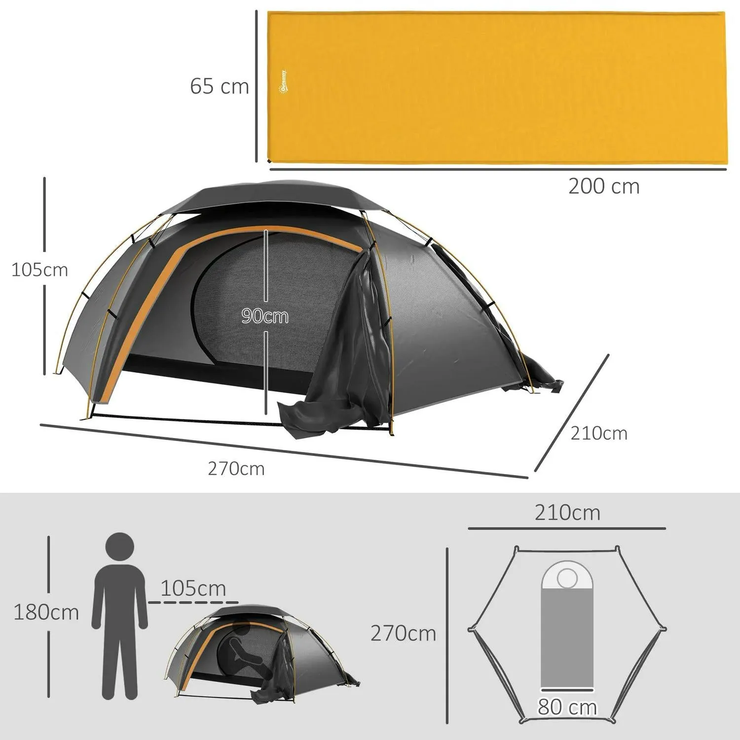 Dark Person Aluminium Dome Tent With 1 Outsunny For Summer event And Removable Complete assortment Portable Camping Frame, Bags, Waterproof, Mattress, Inflatable Fishing Grey/Khaki Self 2000mm Hiking, Rainfly