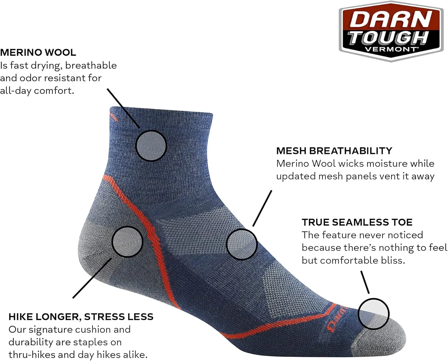 Darn Tough (Style 1991) Men's 1/4 Sock Lightweight with Cushion Hike Trek Sock