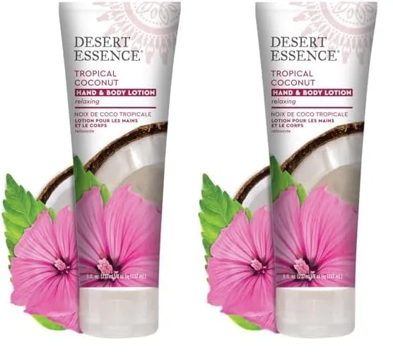 Desert Essence, Tropical Coconut Hand & Body Lotion 8 fl. oz. - Gluten Free - Vegan - Cruelty Free - Coconut Oil, Jojoba Oil & Vitamin E - Intense Hydration - Tropical Coconut Scent (Pack of 2)