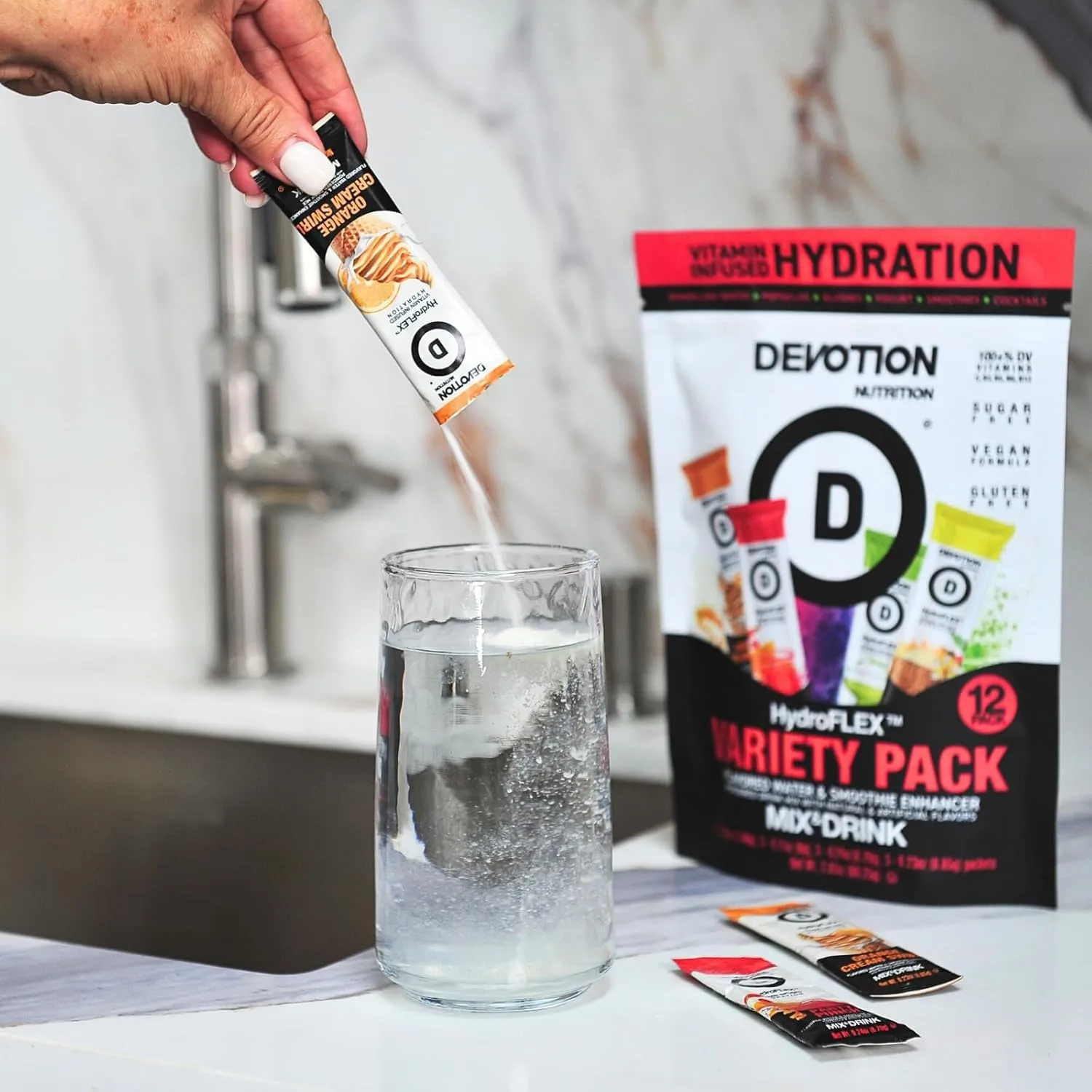 Devotion Nutrition HydroFLEX Packets | Vitamin Infused Hydration Powder | Water Enhancer Drink Mix | Sugar Free, Gluten Free, Vegan | 12 Pack (4 Flavor Variety)