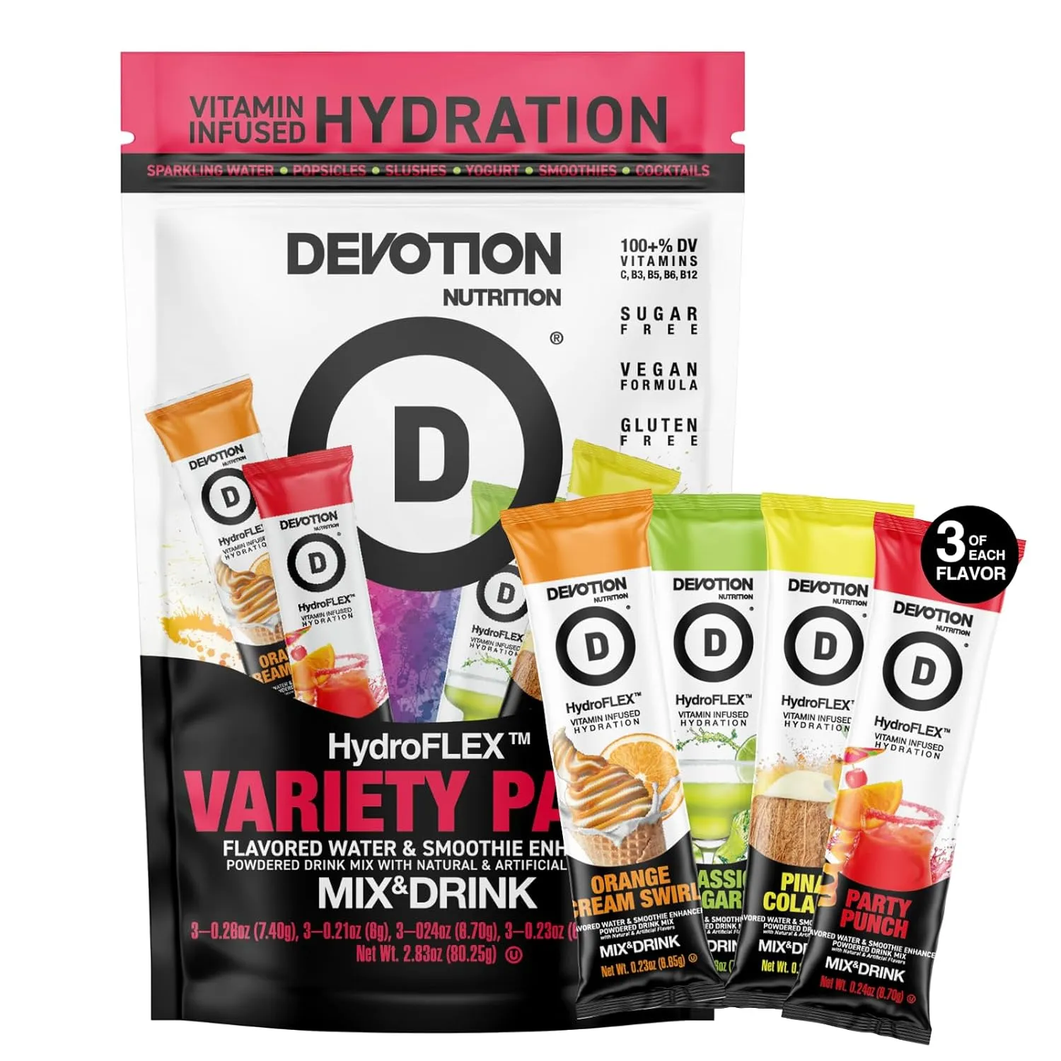 Devotion Nutrition HydroFLEX Packets | Vitamin Infused Hydration Powder | Water Enhancer Drink Mix | Sugar Free, Gluten Free, Vegan | 12 Pack (4 Flavor Variety)