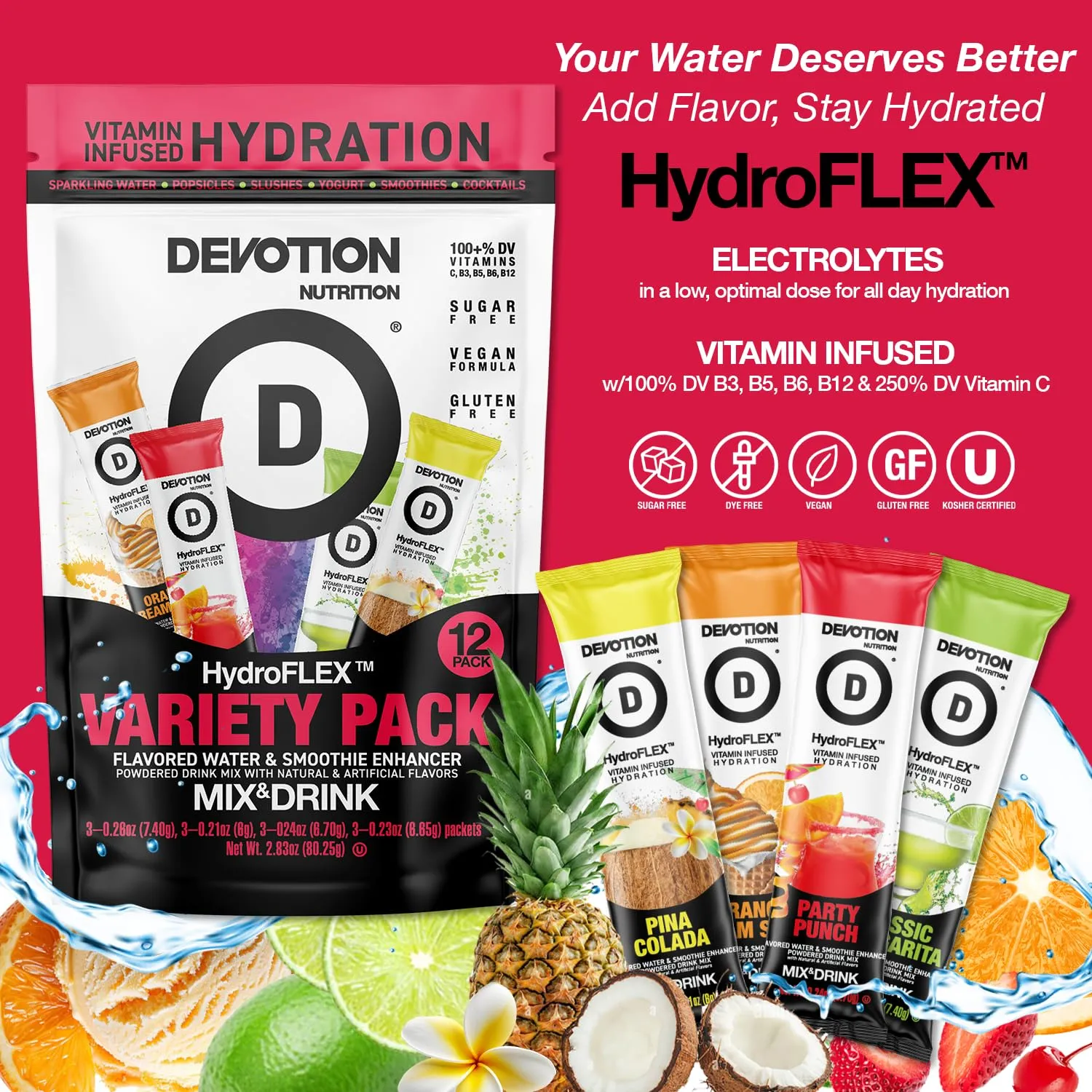 Devotion Nutrition HydroFLEX Packets | Vitamin Infused Hydration Powder | Water Enhancer Drink Mix | Sugar Free, Gluten Free, Vegan | 12 Pack (4 Flavor Variety)