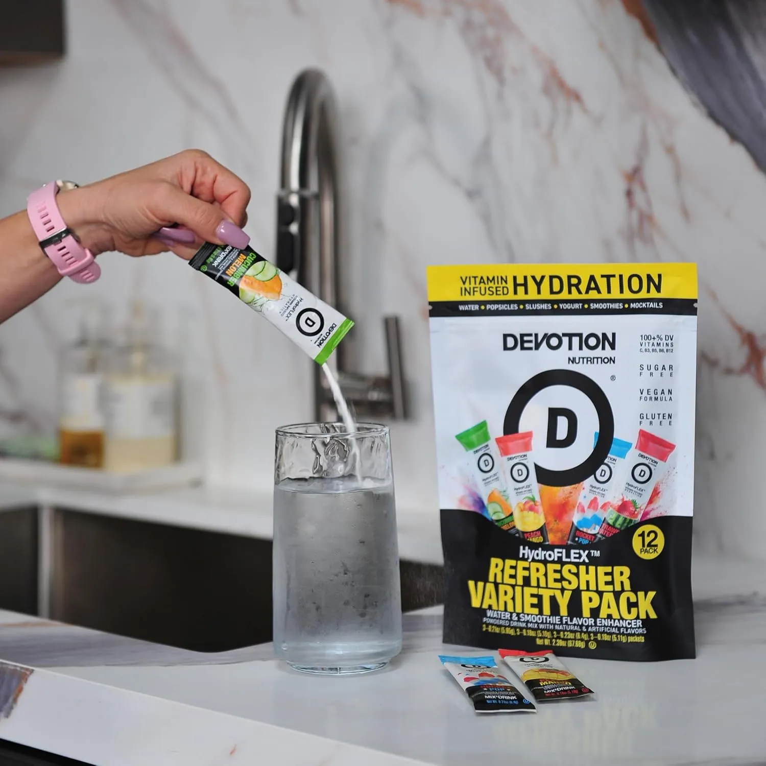 Devotion Nutrition HydroFLEX Water Flavoring Packets – Sugar-Free Hydration with Vitamins & Electrolytes – Dye-Free, Gluten-Free (Rocket Pop) 12-Pack Drink Mix