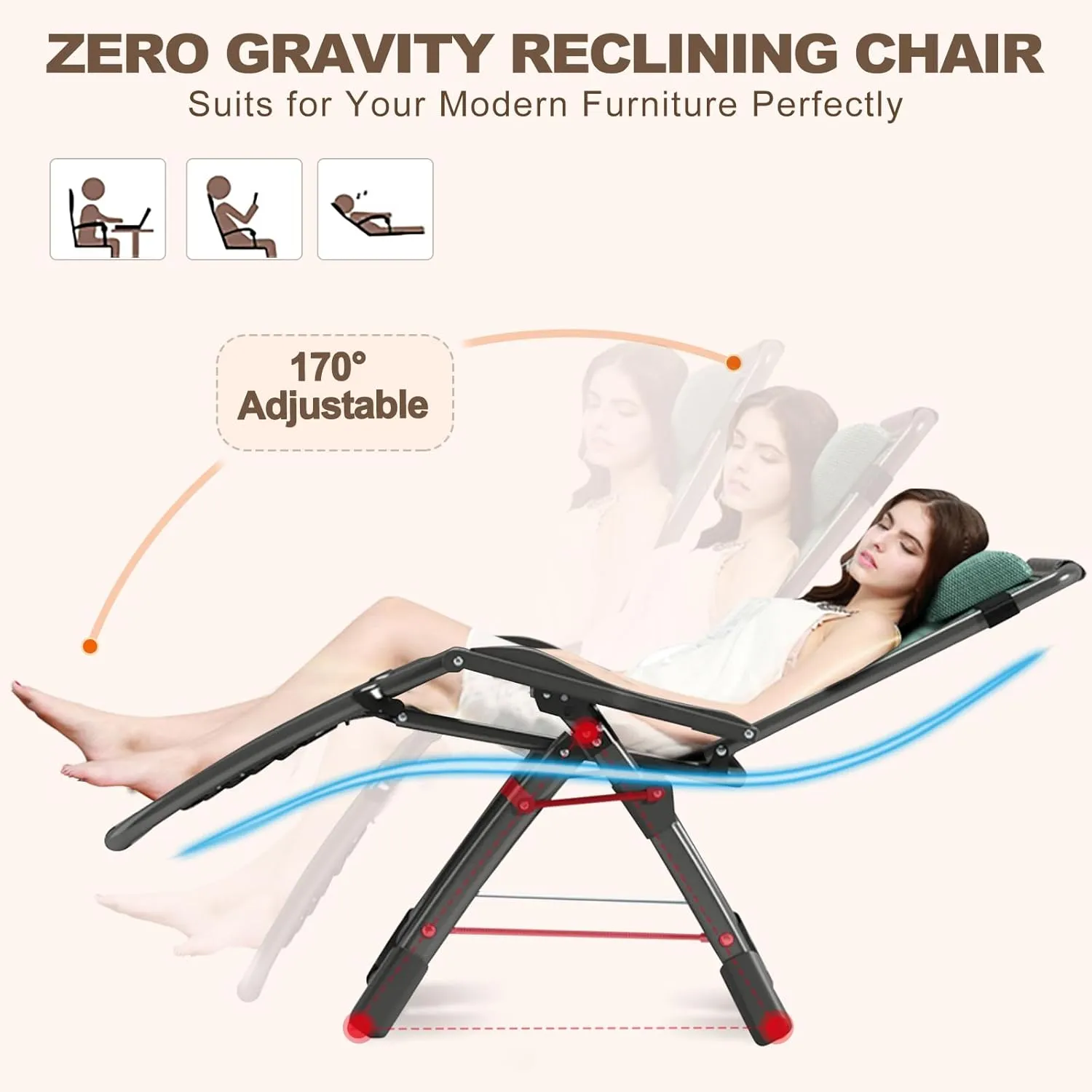 DoCred Comfy Folding Recliner Chair for Bedroom & Living Room, Ice Touch Folding Reclining Patio Lounge Chair with Removable Tray for Indoor Outdoor
