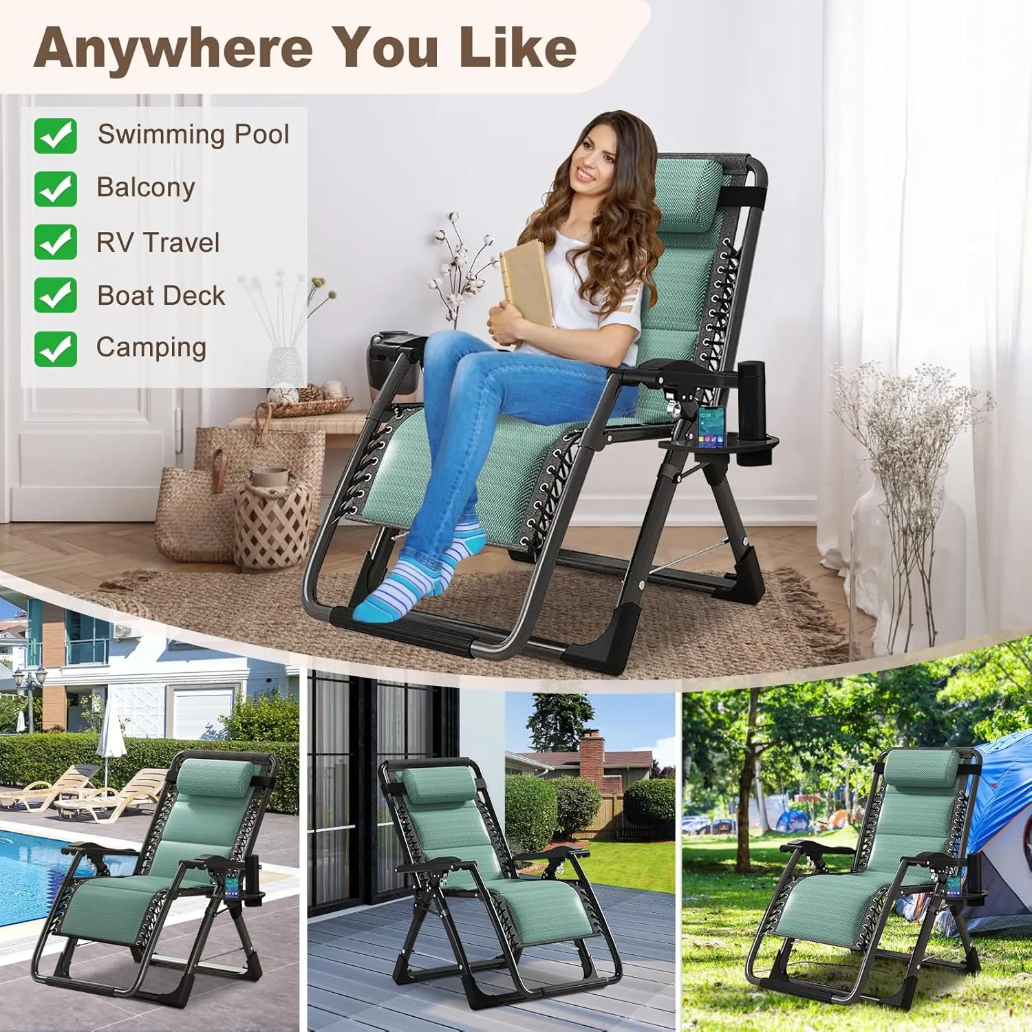 DoCred Comfy Folding Recliner Chair for Bedroom & Living Room, Ice Touch Folding Reclining Patio Lounge Chair with Removable Tray for Indoor Outdoor