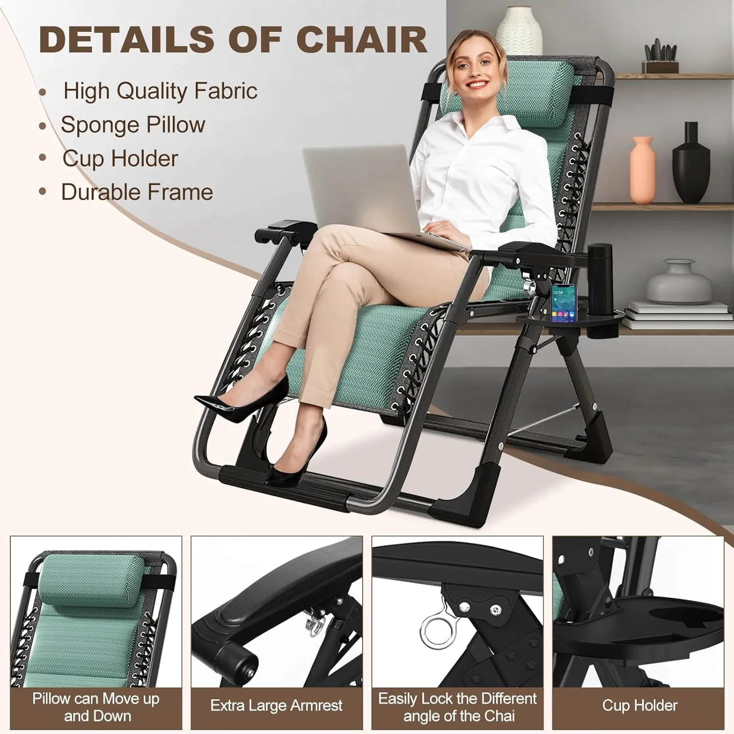 DoCred Comfy Folding Recliner Chair for Bedroom & Living Room, Ice Touch Folding Reclining Patio Lounge Chair with Removable Tray for Indoor Outdoor