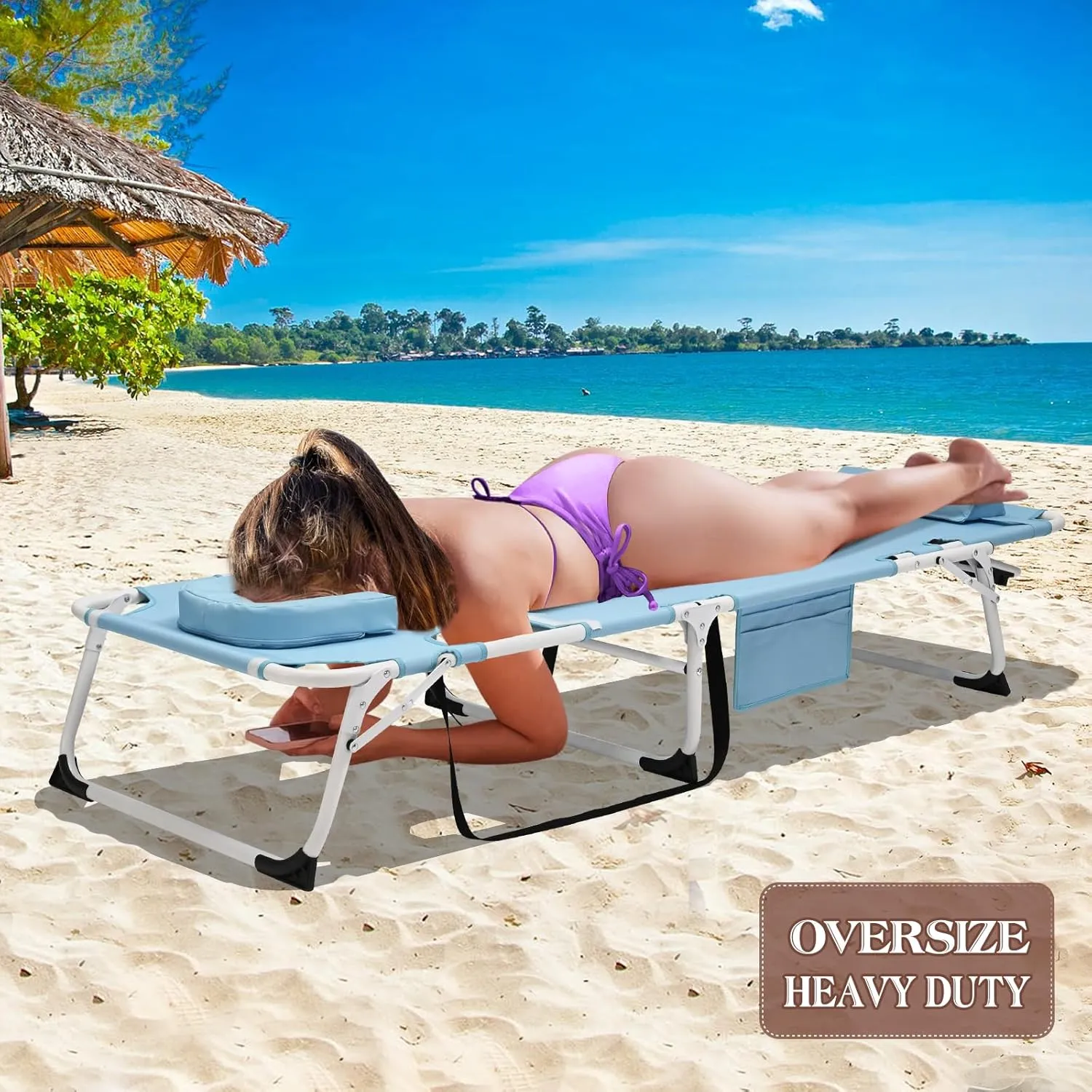 DoCred Heavy Duty Tanning Chair with Face Hole, Adjustable 5-Position Folding Chaise Lounge Chairs for Outside, Portable Lay Flat Beach Lounge Chair for Outdoor Sunbathing Beach Pool Lawn Camping