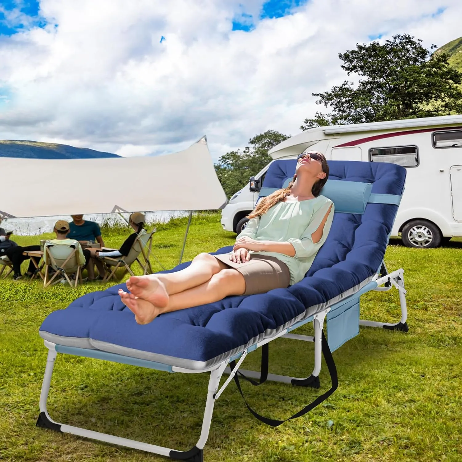 DoCred Heavy Duty Tanning Chair with Face Hole, Adjustable 5-Position Folding Chaise Lounge Chairs for Outside, Portable Lay Flat Beach Lounge Chair for Outdoor Sunbathing Beach Pool Lawn Camping