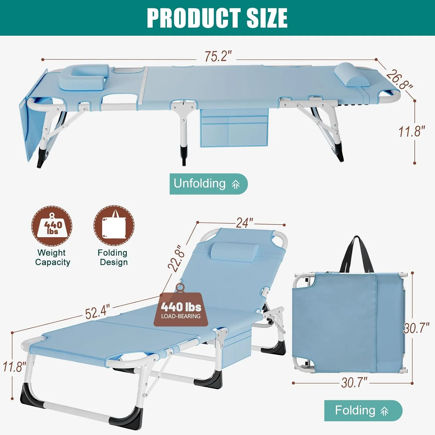 DoCred Heavy Duty Tanning Chair with Face Hole, Adjustable 5-Position Folding Chaise Lounge Chairs for Outside, Portable Lay Flat Beach Lounge Chair for Outdoor Sunbathing Beach Pool Lawn Camping