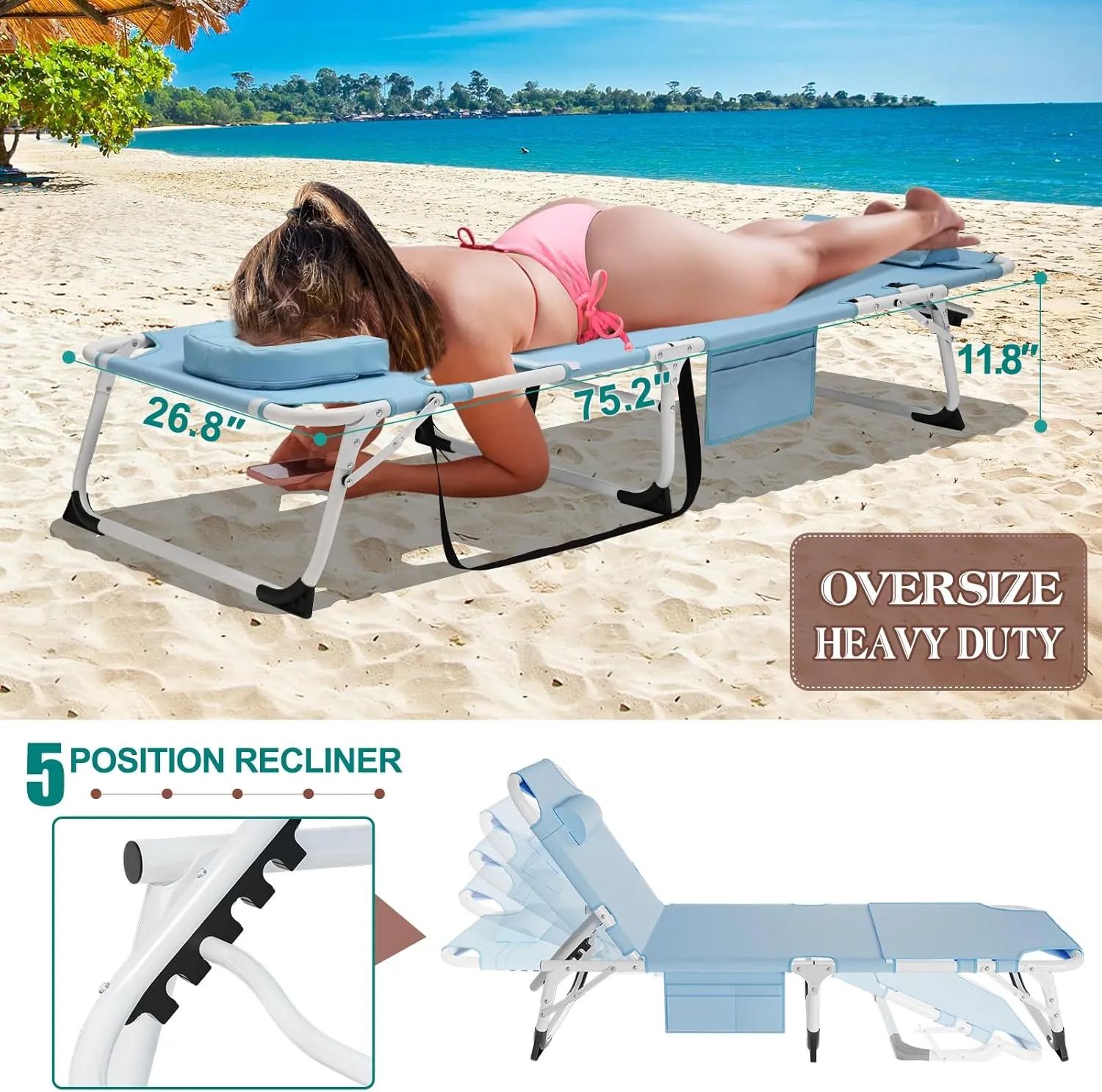 DoCred Heavy Duty Tanning Chair with Face Hole, Adjustable 5-Position Folding Chaise Lounge Chairs for Outside, Portable Lay Flat Beach Lounge Chair for Outdoor Sunbathing Beach Pool Lawn Camping