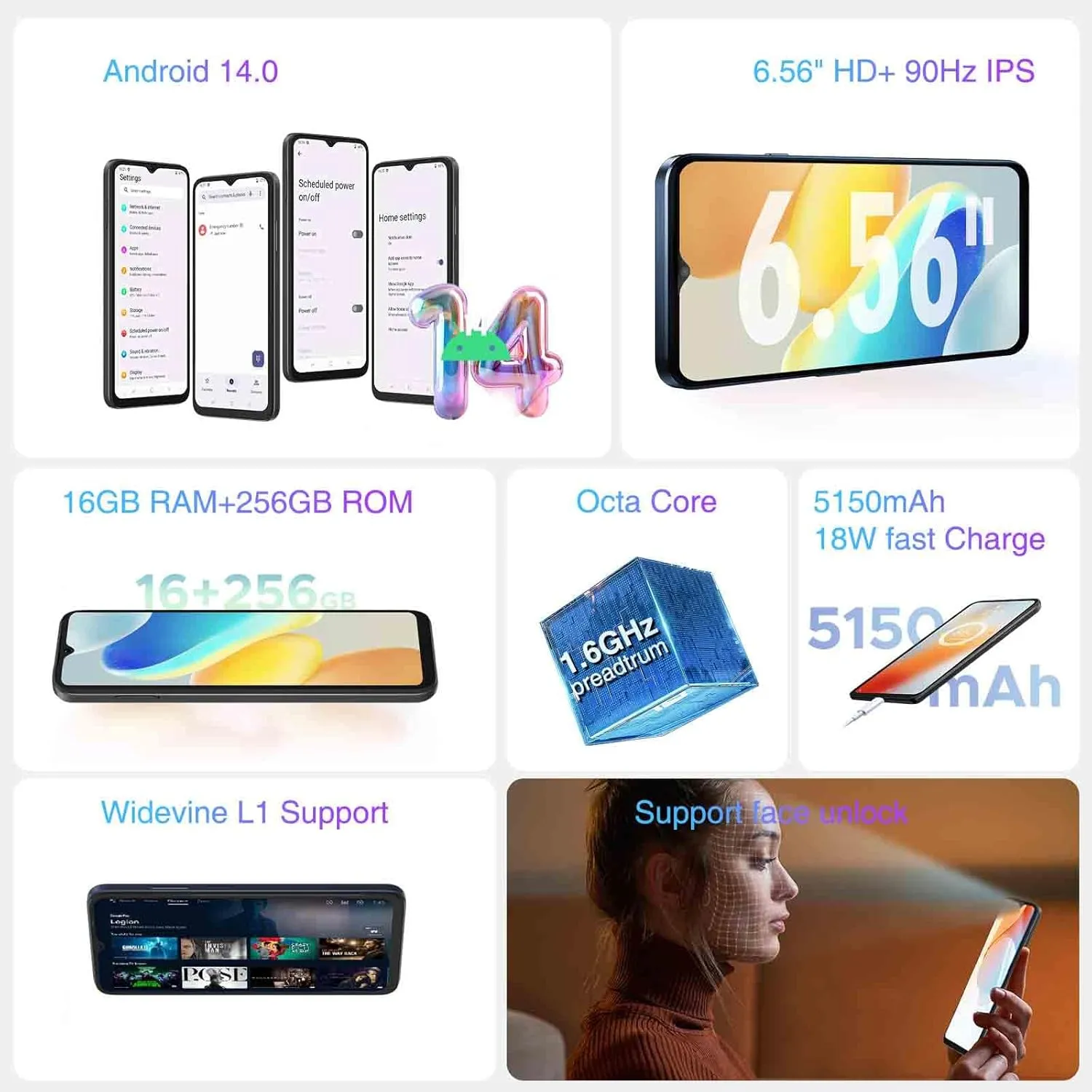 DOOGEE N55 Pro Unlocked Phone, Android Phone with 16GB RAM 256GB ROM, 6.56" HD  90Hz IPS Waterdrop Screen, Octa Core, 5150mAh, Dual SIM Unlocked Android Phone, Face Unlock, Black