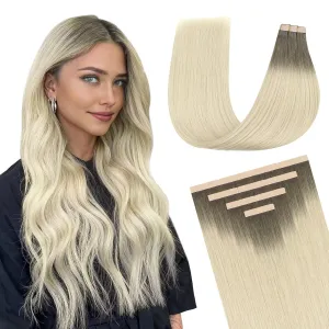 DOORES Human Hair Extensions Tape in Balayage Light Ash Brown to Ash Blonde 14 Inch 10pcs 25g Remy Human Hair Extensions Straight