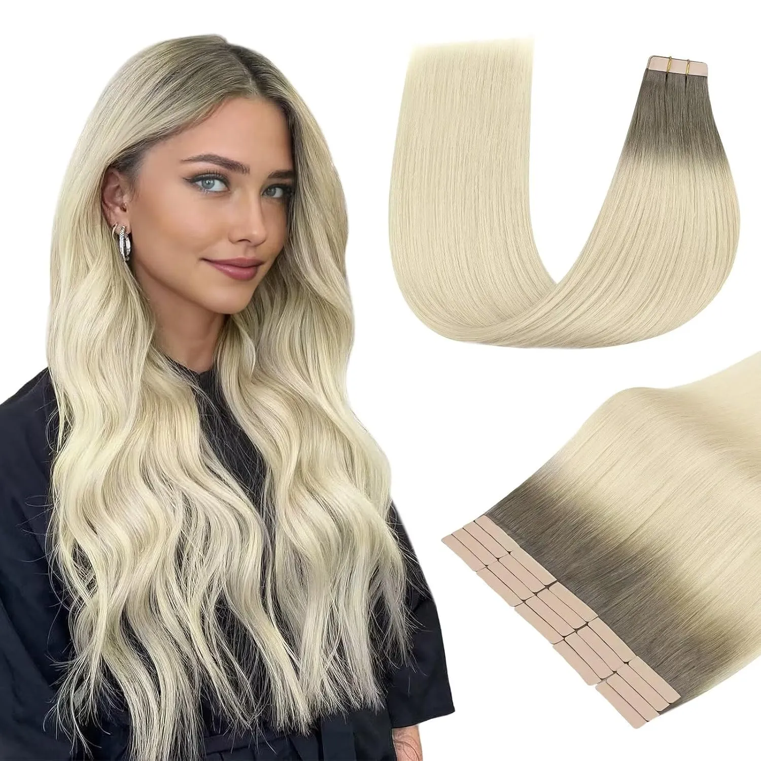 DOORES Tape in Balayage Light Ash Brown to Ash Blonde Human Hair Extensions - 20 Inch, 20pcs, 50g - Real Human Hair, Straight Skin Weft