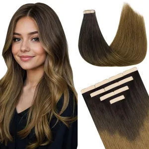 DOORES Tape in Hair Extensions Human Hair, Chocolate Dip Color Melt 14 Inch 25g 10pcs, Human Hair Extensions Natural Hair Extensions Seamless Straight