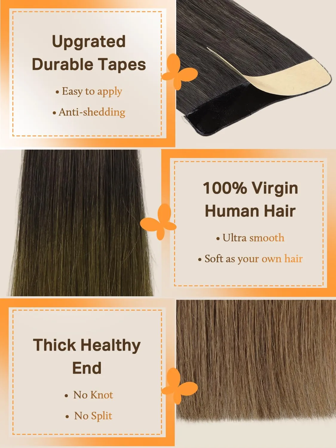 DOORES Tape in Hair Extensions Human Hair, Chocolate Dip Color Melt 14 Inch 25g 10pcs, Human Hair Extensions Natural Hair Extensions Seamless Straight