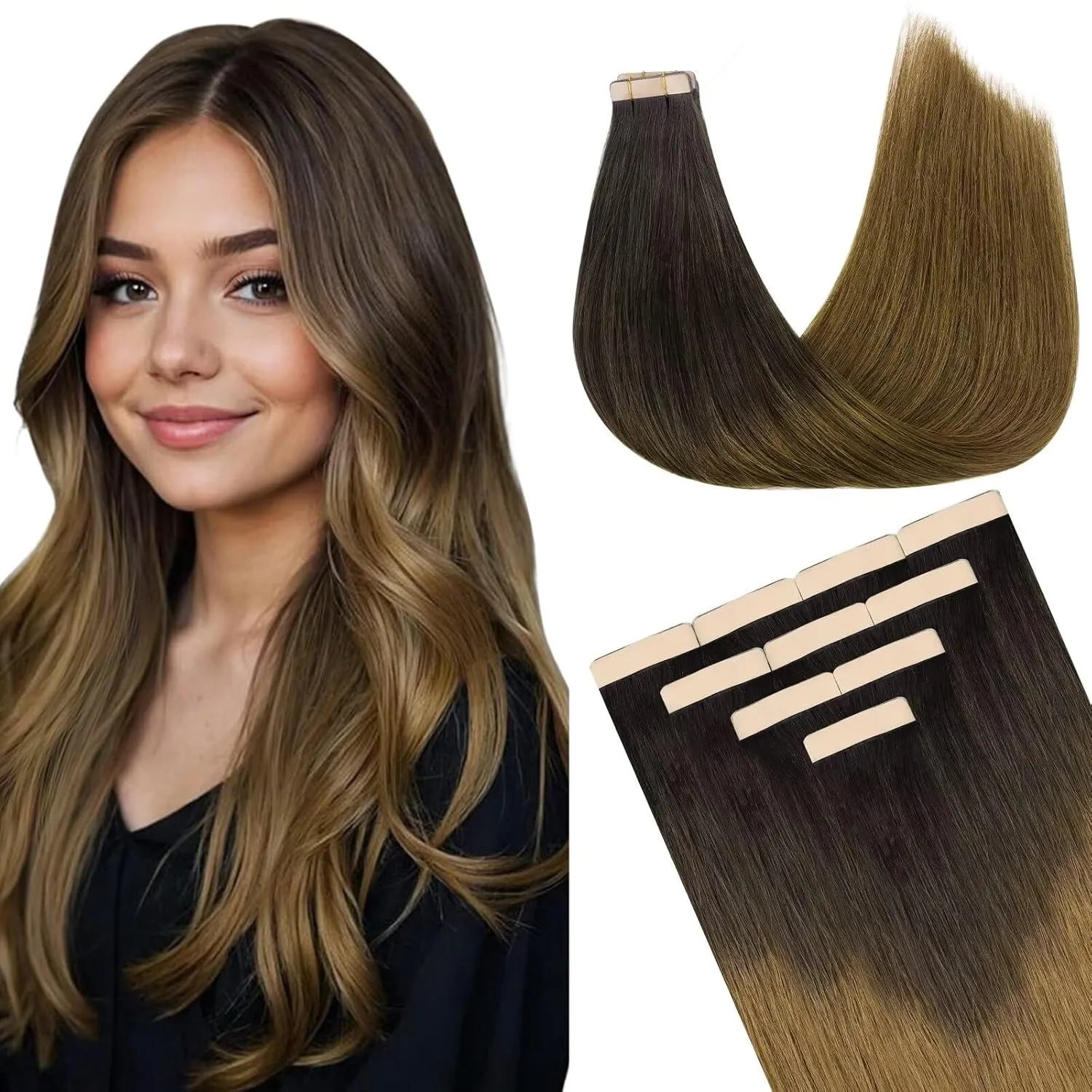 DOORES Tape in Hair Extensions Human Hair, Chocolate Dip Color Melt 14 Inch 25g 10pcs, Human Hair Extensions Natural Hair Extensions Seamless Straight