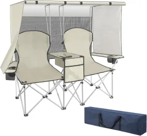 Double Camping Chair with Canopy, Loveseat Camping Chair,Folding Beach Chair with Cup Holder Cooler Bag for Sports Beach Outside（White）