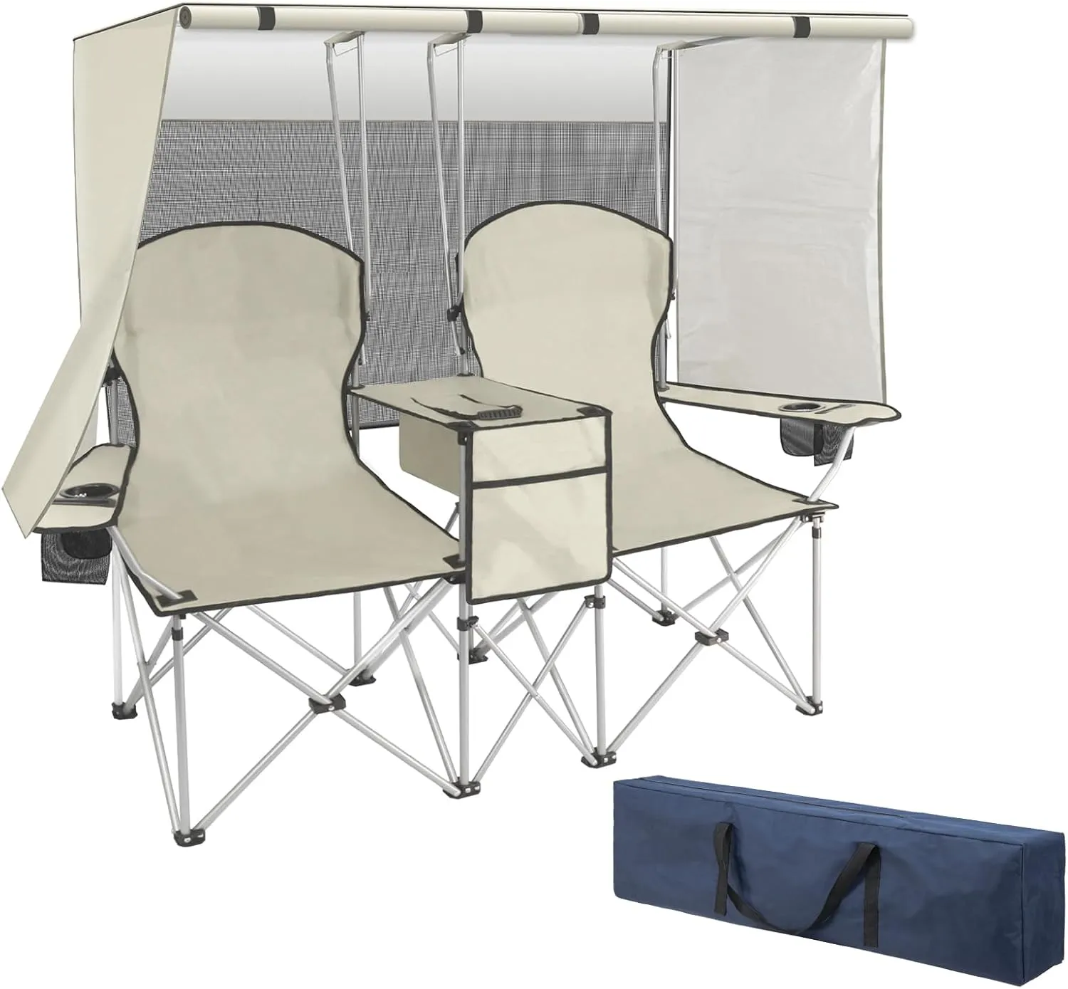 Double Camping Chair with Canopy, Loveseat Camping Chair,Folding Beach Chair with Cup Holder Cooler Bag for Sports Beach Outside（White）