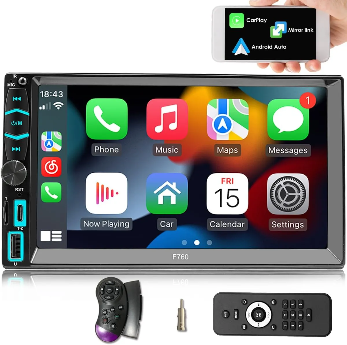 Double din car Stereo Apple carplay,7 Inch Car Stereo Bluetooth5.0,CarPlay and Android Auto,FM Radio/SWC/USB/SD/AUX,GPS,Backup Camera,7 Colourful Lights,Mirror Link,Car Audio Receivers