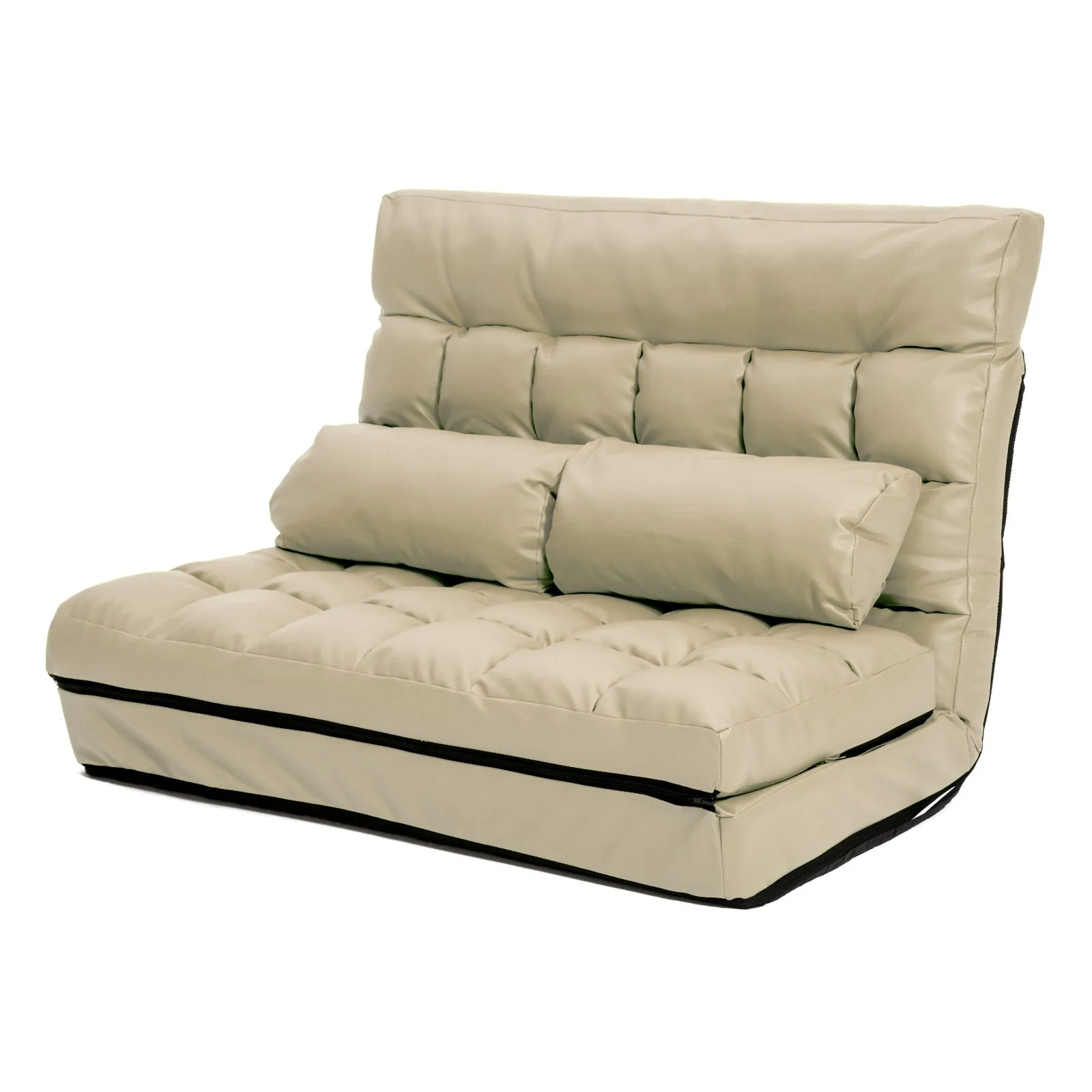 Double Seat Floor Sofa Adjustable Recliner Gaming Couch Bed Beige PU Leather