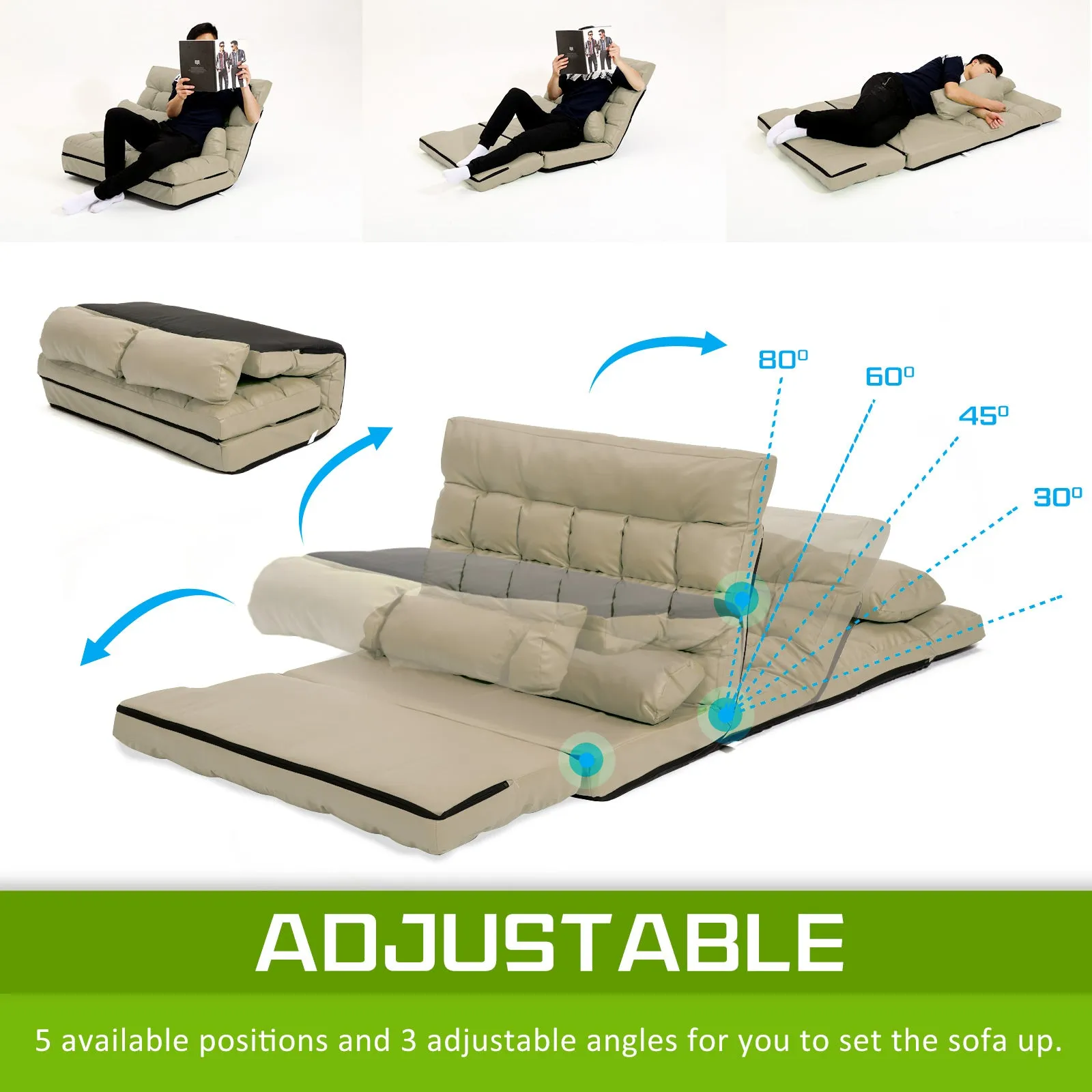 Double Seat Floor Sofa Adjustable Recliner Gaming Couch Bed Beige PU Leather