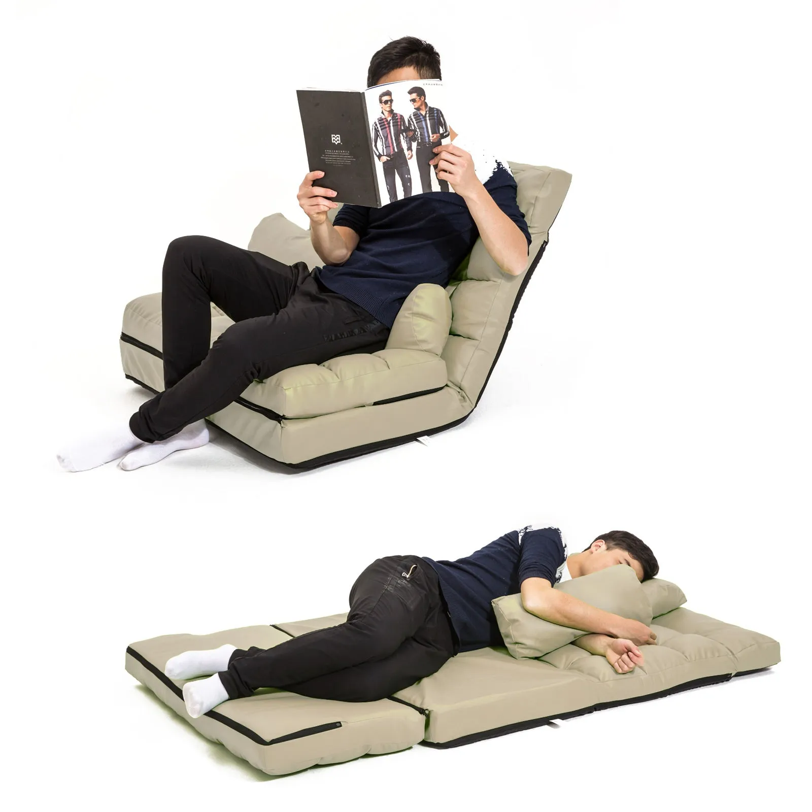 Double Seat Floor Sofa Adjustable Recliner Gaming Couch Bed Beige PU Leather