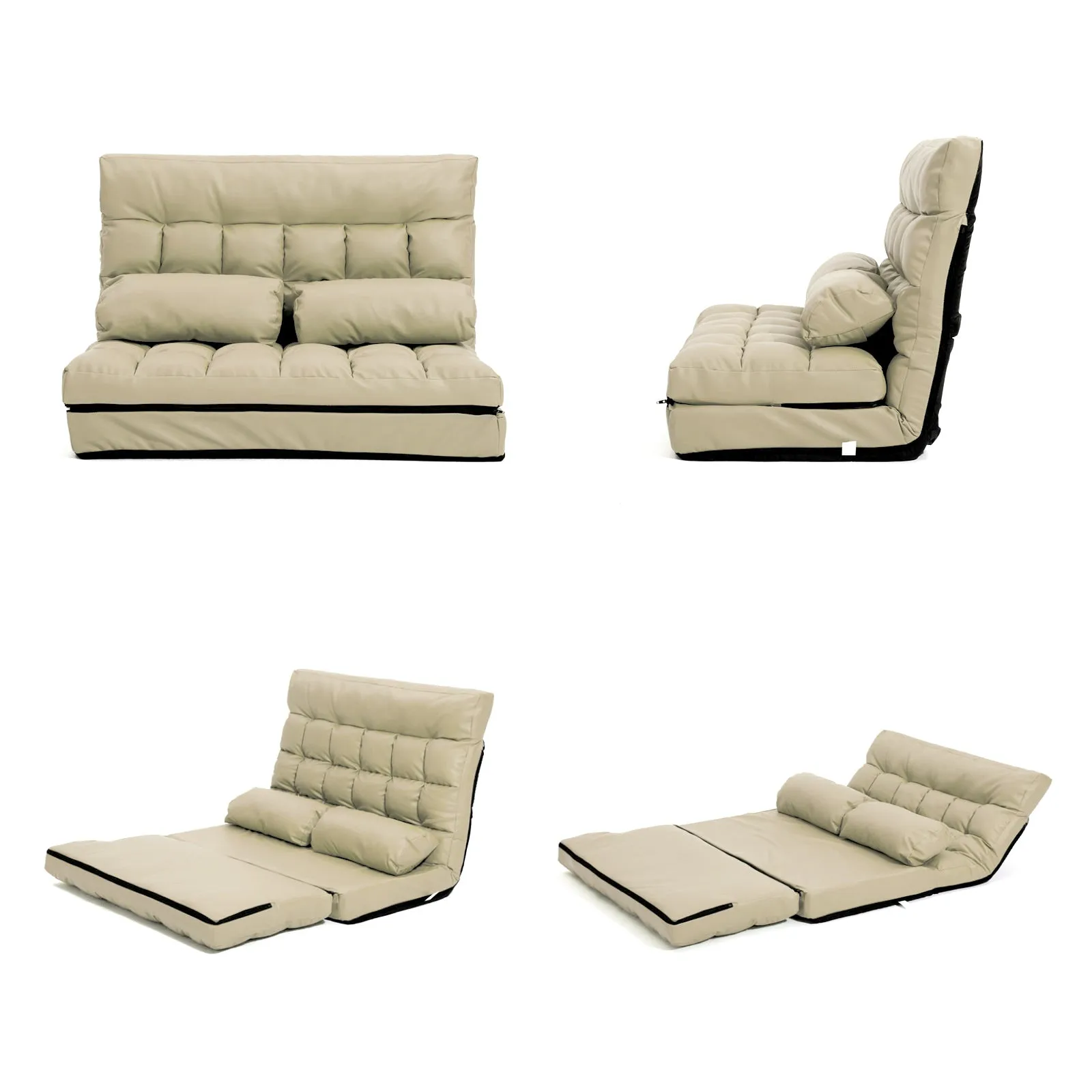 Double Seat Floor Sofa Adjustable Recliner Gaming Couch Bed Beige PU Leather