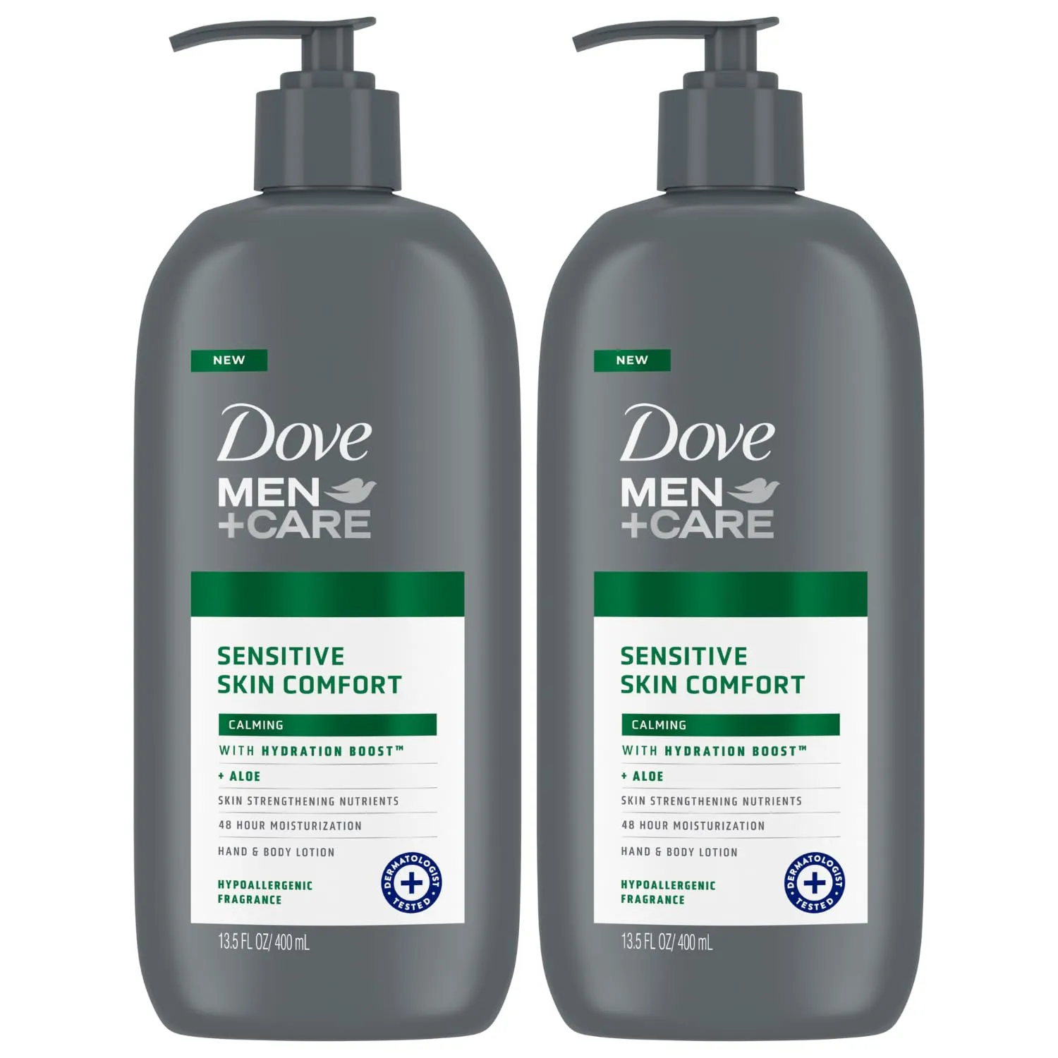 Dove Hand & Body Lotion, Men Care Value Pack – Sensitive Skin Comfort Formula with Shea Butter & Aloe Vera, Calming Lotion for Dry Skin, 13.5 Fl Oz (Pack of 2)