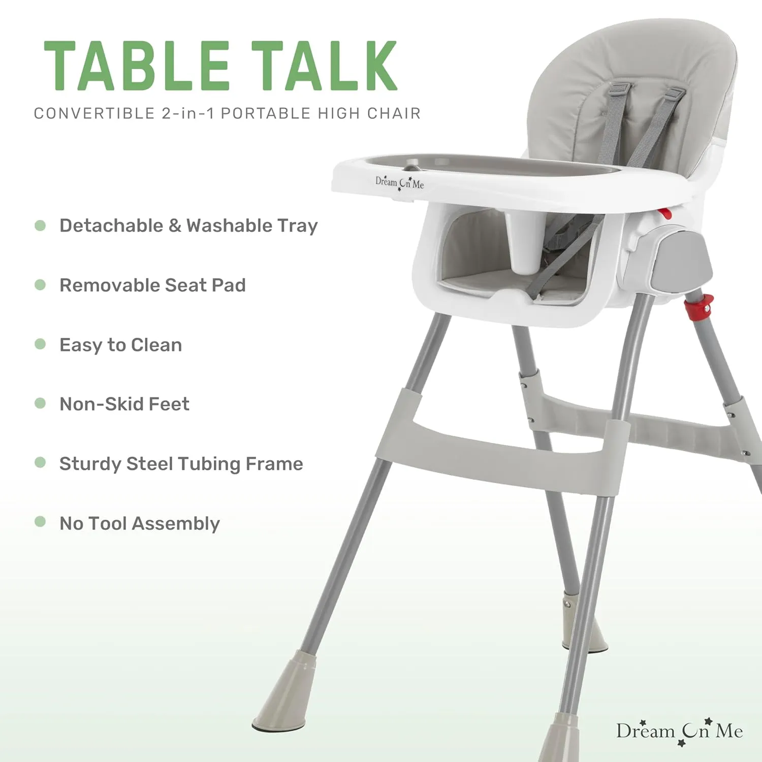 Dream On Me Portable 2-in-1 Tabletalk High Chair, Convertible Compact High Chair, Light Weight Portable Highchair, Grey